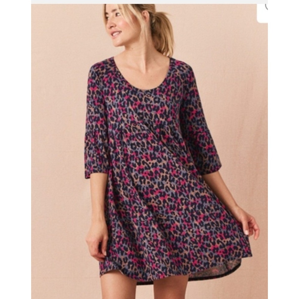 Pact Womens Pink Purple Leopard Organic Cotton Bell Sleeve Babydoll Dress M